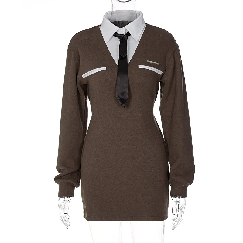 Платье XUXI с воротником-поло имитация двух платьев длинным рукавом Женская