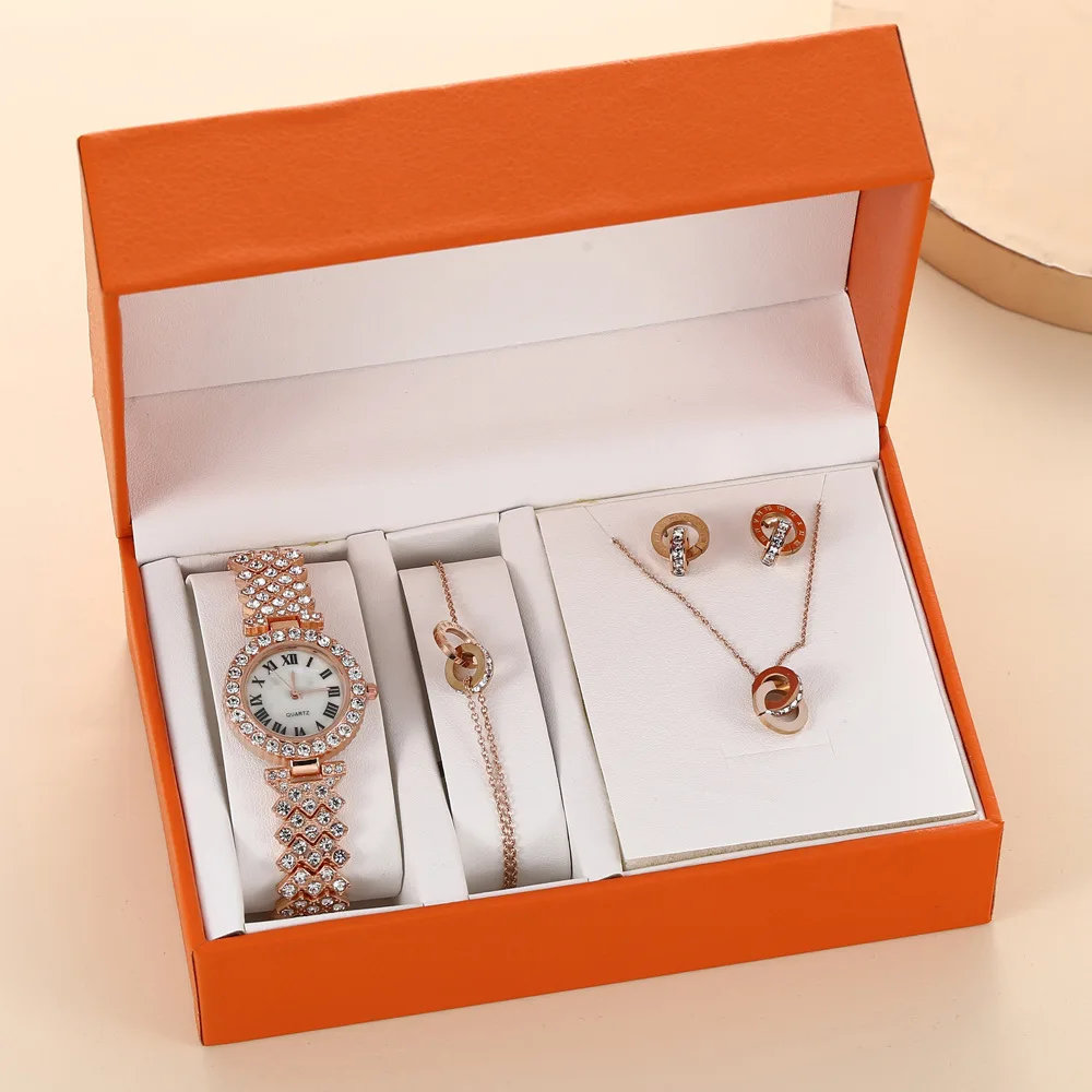 

Temperament luxury boutique set gift box full of steel belt quartz watch + Bracelet + Necklace + eardrop gift box set