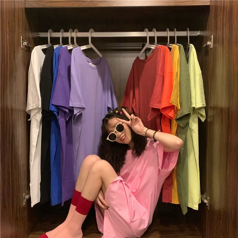

New Summer Women Solid Short Sleeve T-Shirt Loose Fashion Korean Round Neck Top Casual Medium Long Basic Cotton T-Shirt Clothing