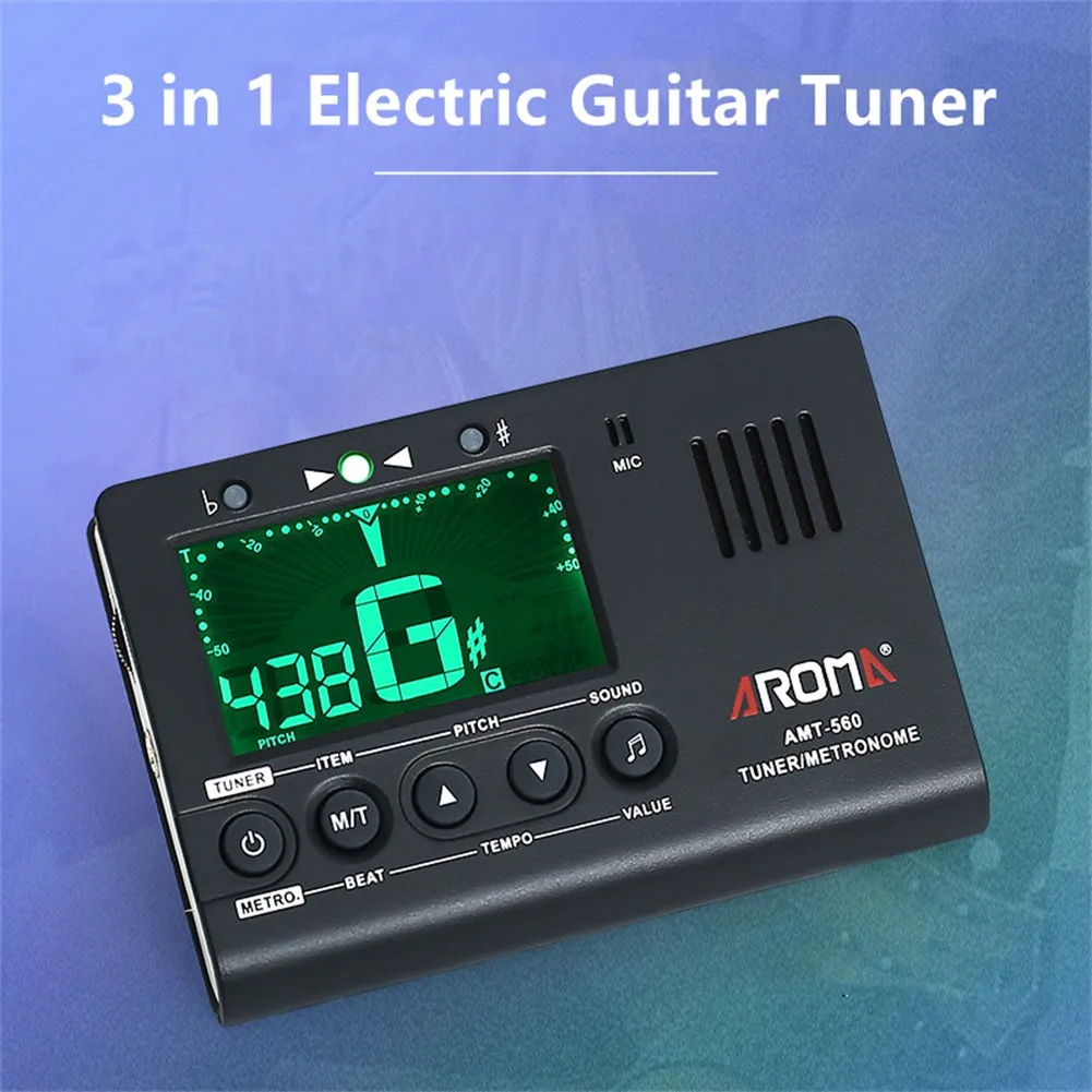 

Aroma AMT-560 Electric Guitar Tuner & Metronome Built-in Mic With Pickup Cable 6.3mm For Violin Ukulele Universal Portable