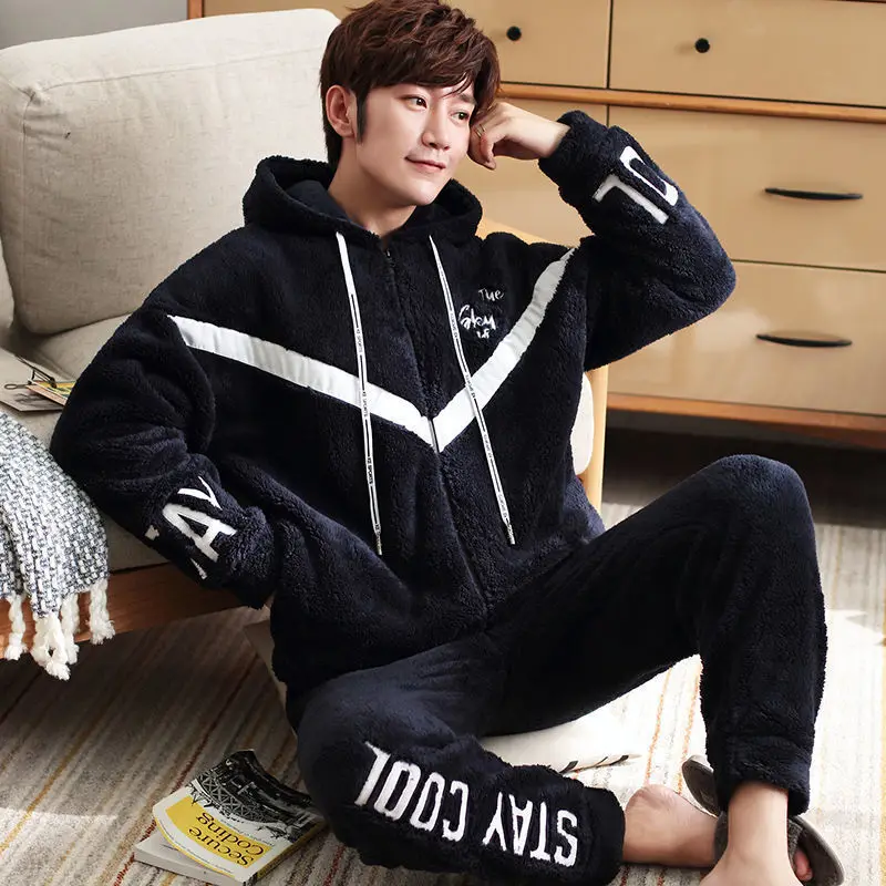 

Flannel Men Zipper Pajamas Set Thicken Warm Man Winter Pajama Loosen Sweatshirt Hoodies Long Sleeve Pyjamas Soft Homewear
