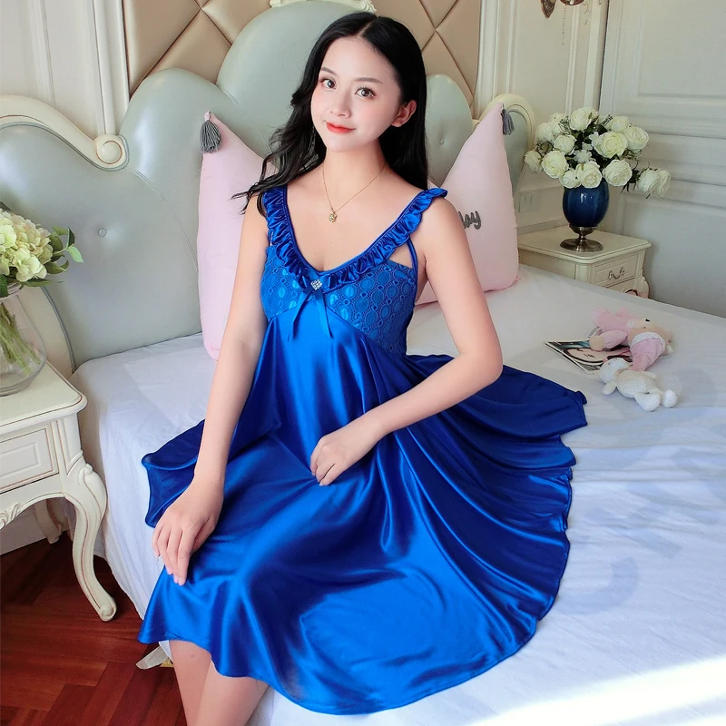 

Plus Size XL XXL Summer Sexy Female Lounge Sleepwear Hot Design Loose Female Ice Silk Lace Princess Palace Purple Nightgown