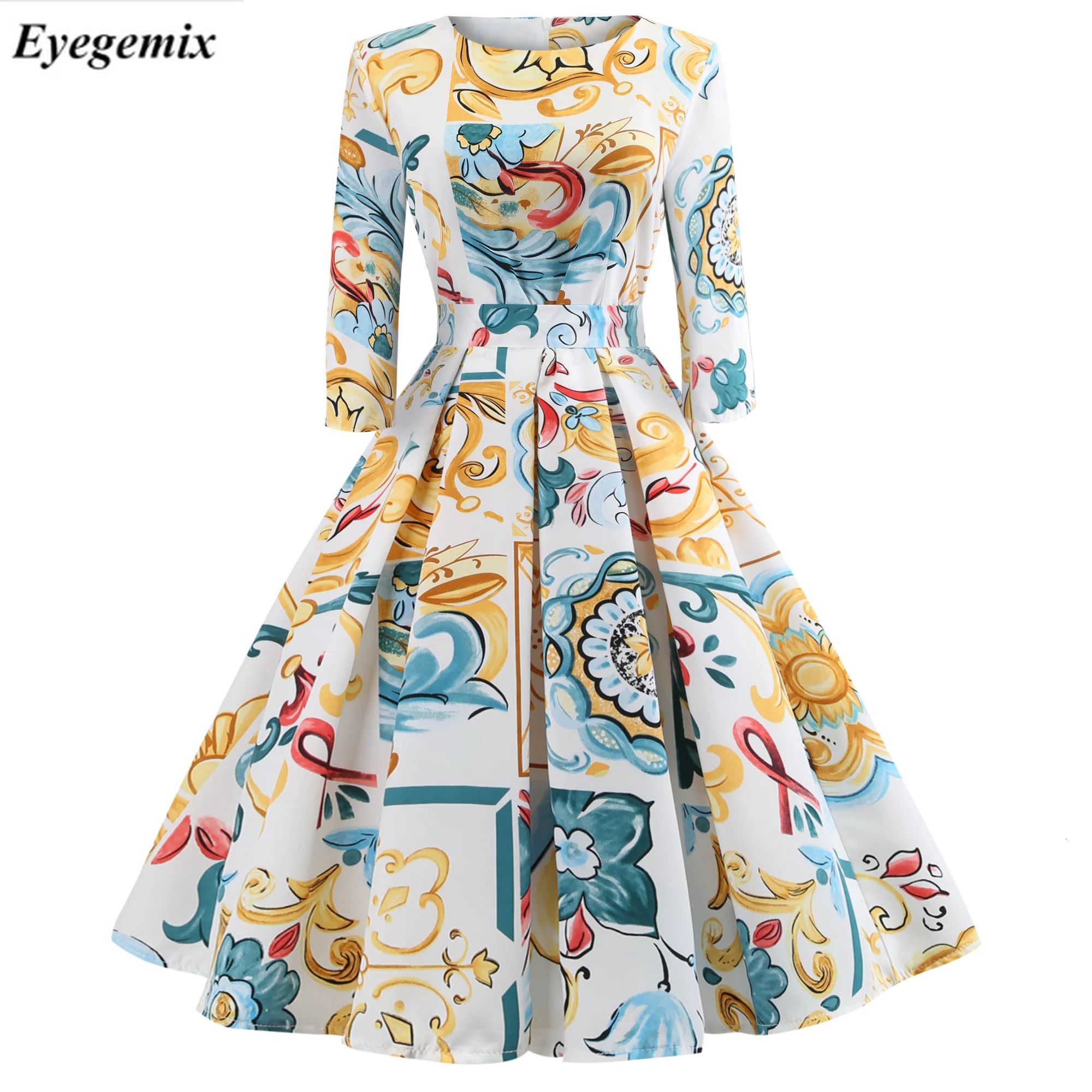 Autumn New Floral Print Vintage Vestidos 3/4 Sleeve Elegant Midi Dresses Tunic Robe Femme Casual Office Work Party Dress |