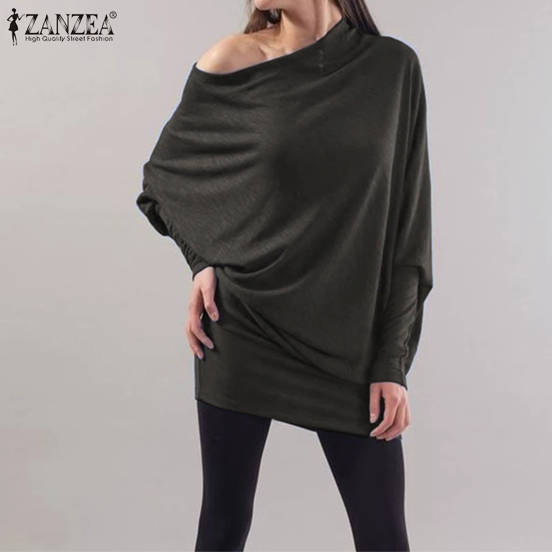 Женская блузка ZANZEA, Женская Сексуальная рубашка с открытыми плечами, повседневные свободные одноцветные топы с рукавами, туника, Blusas Femininas размера плюс
