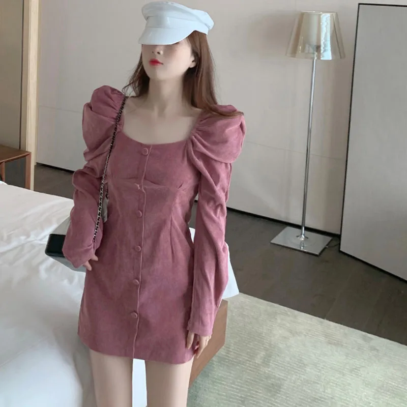 

Vintage Solid Slim Mini Dress Women French Style Square Collar Ladies Puff Sleeve Bodycon Vestido Elegant Autumn New 2020