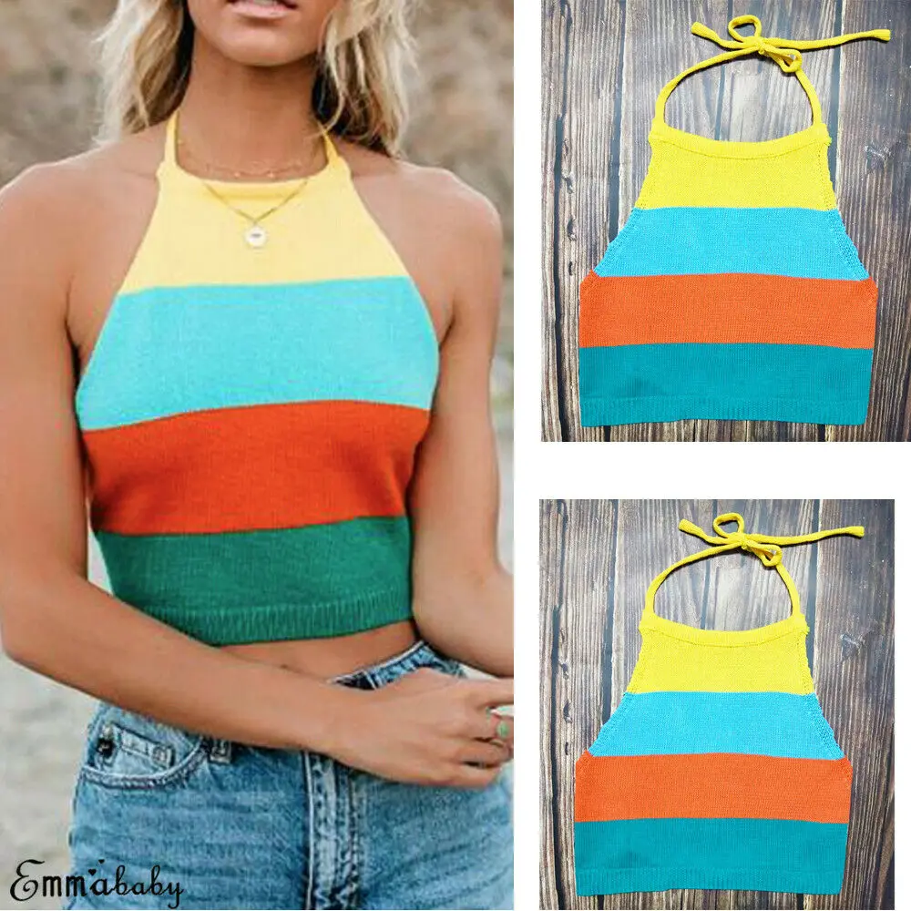 

Women Sexy Knit Halter Crop Top Shirt Backless Sleeveless Tank Tops Rainbow Vest