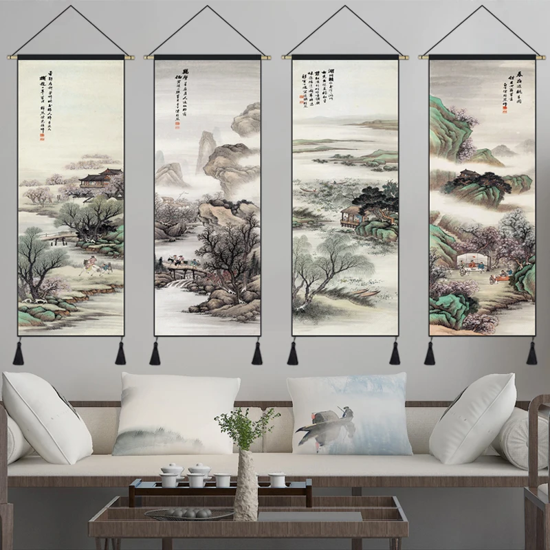 Картина на холсте "Китайский пейзаж с чернилами", напечатанная на висющем скролле, искусство для стены дома, украшение гостиной, плакат.