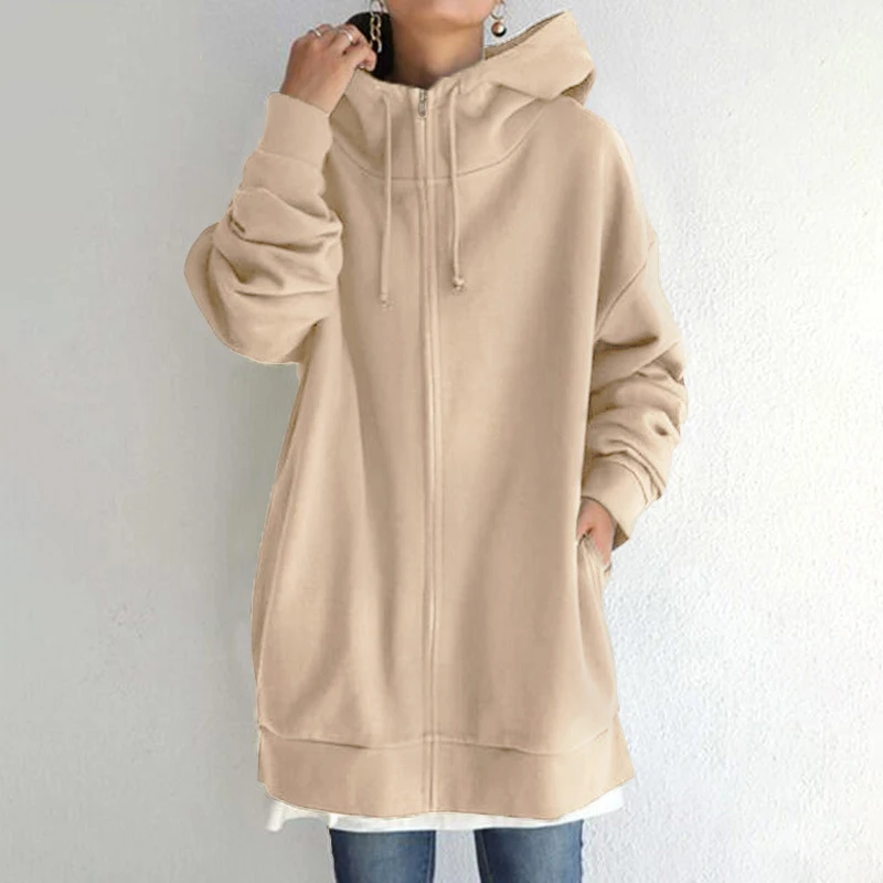 

2022 Women's Autumn Winter New Personality Street Sweater Zipper Hooded Long Plus Velvet Oversize Highly Sweatshirt Clothes Coat