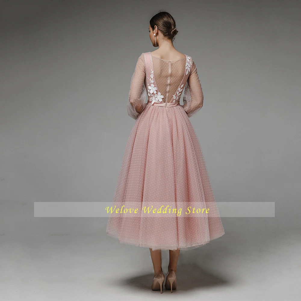 

Pink Tea Length Wedding Party Dresses For Bride Sexy Illusion V Neck Custom Size Zipper Back Puff Sleeve Beautiful Bridal Gown