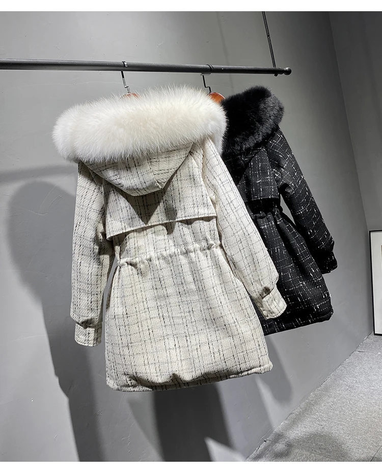 

Winter Tweed Down Jacket Women Down Coat 90% White Duck Down Coats Vintage Female Jackets Fur Collar Warm Thick Outerwears