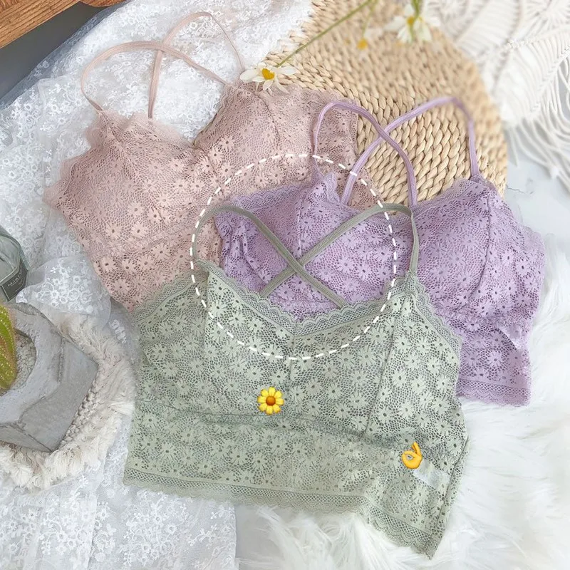 

Women Lace Bra Teenager Girls Cross Beautiful Back Wrapped Chest Underwear Wireless Removable Pad Female Brassiere