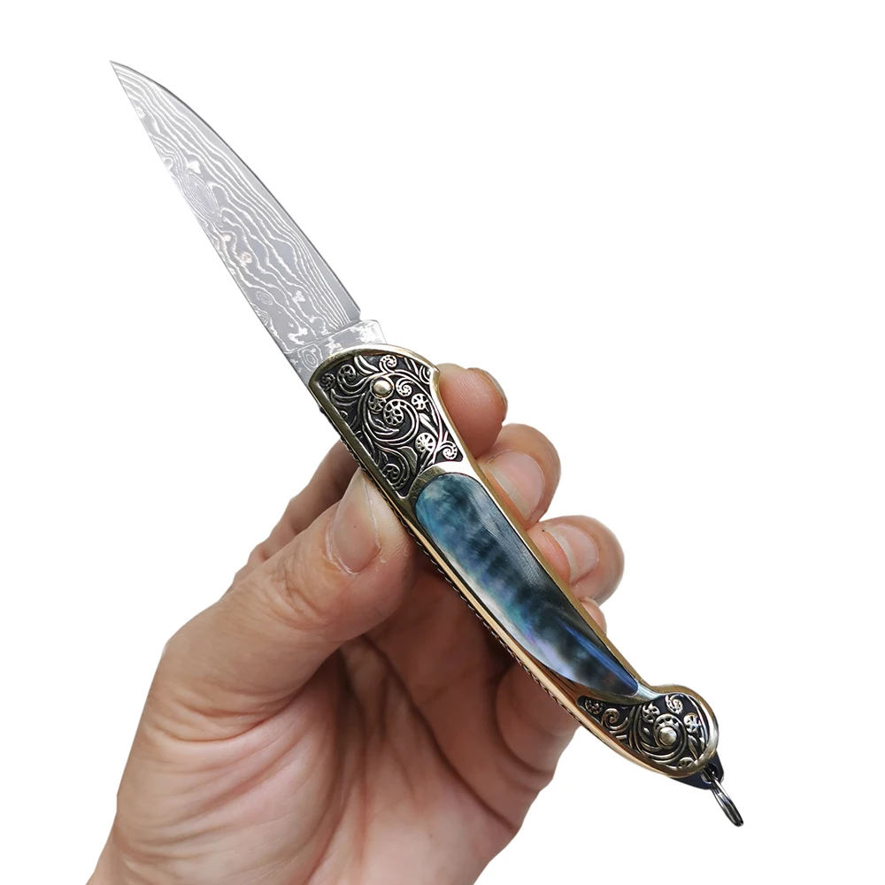 

Folding knife Free shipping The handle shell Pure manual Damascus knife Pattern steeloutdoor tools self-defense knife
