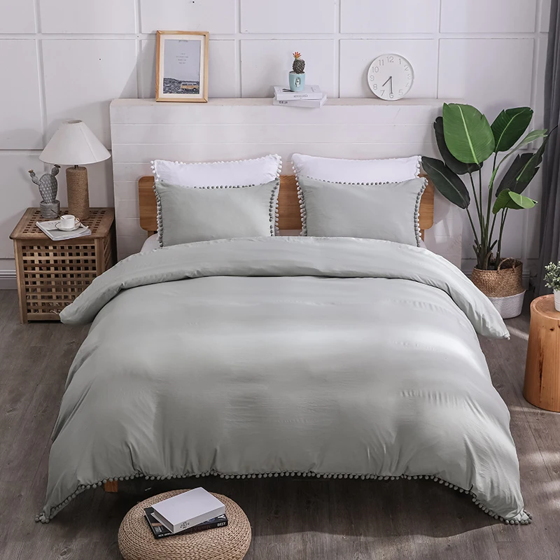 

LUCKYBULL Pompom Tassel Duvet Cover Full-size 3-piece set (1 quilt cover and 2 pillowcases) soft washed microfiber bedding