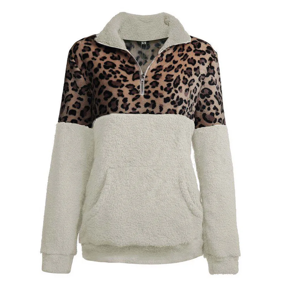 Leopard Patchwork Fluffy Sweatshirt Women Zip Fleece Casual Oversized Hoodie Winter Pullover Hoody Ladies Tops Plus Size | Женская
