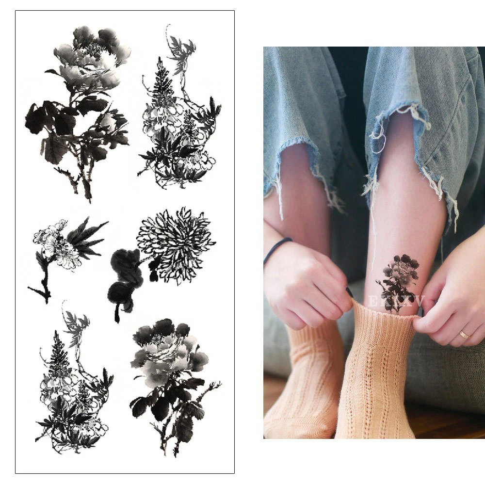 Watercolor temporary tattoo stickers Red blue rose lotus lily Waterproof sticker Flower butterfly Woman body Sexy | Красота и
