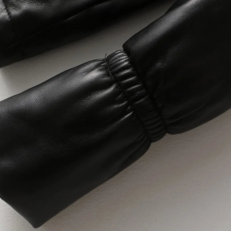

2021 Winter Women Fox Fur Collar Hoody Down Coat Thick Warm Genuine Leather Jacket Ladies Slim Fit Short Real Sheepskin Overcoat