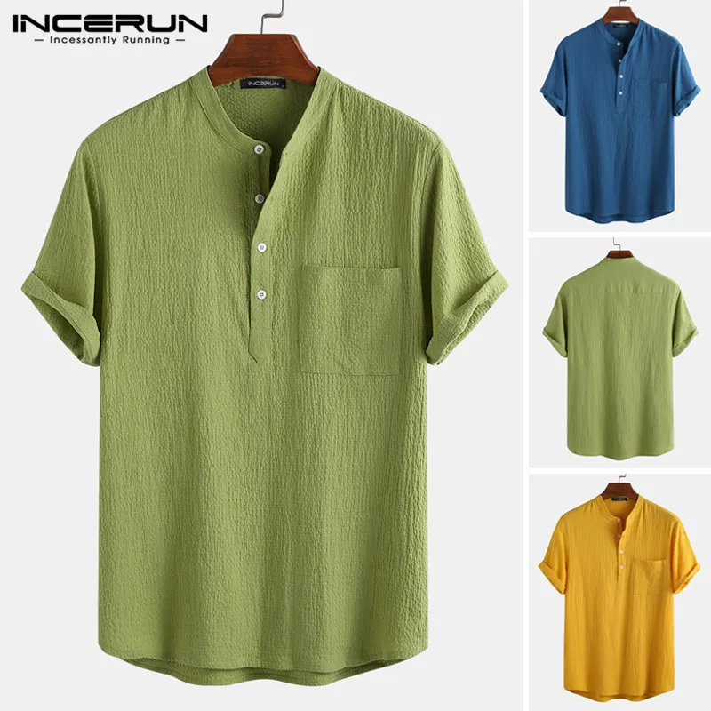 

Рубашка мужская однотонная с коротким рукавом, повседневная брендовая уличная одежда, дышащая блузка в стиле ретро, в стиле Харадзюку, лето ...