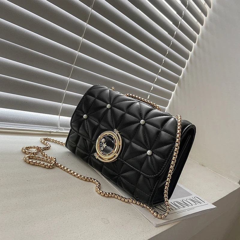 

High Quality PU Leather 2021 New Fashion Luxury Designer Ladies Pearl Rhombus Chain Flap Crossbody Shoulder Bag Bolsas De Mujer