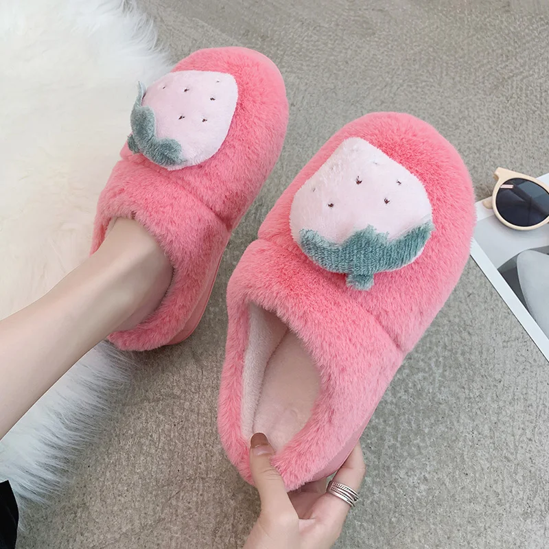 

Red Cute Fruits Fluffy Slippers Women Casual Non-slip Winter Warm Fur Slides for Women Comfortable Slip on House Slippers Women