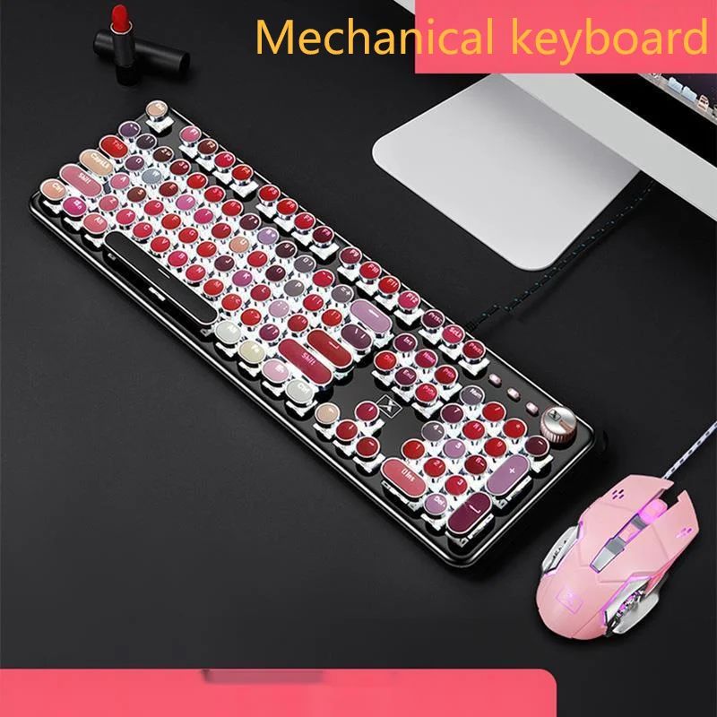 

Xinmeng T520 Lipstick Real Mechanical Mechanic Keyboard Mouse Set Girl Pink Cute Green Axis Round Key Game Keyboard