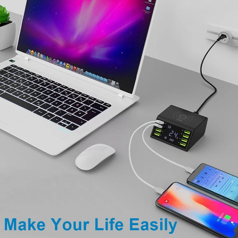 

USLION 8 Port Multi USB Charger LED Display With 10W Wireless charging USB Charging Station Phone Desktop Chargers EU US UK Plug