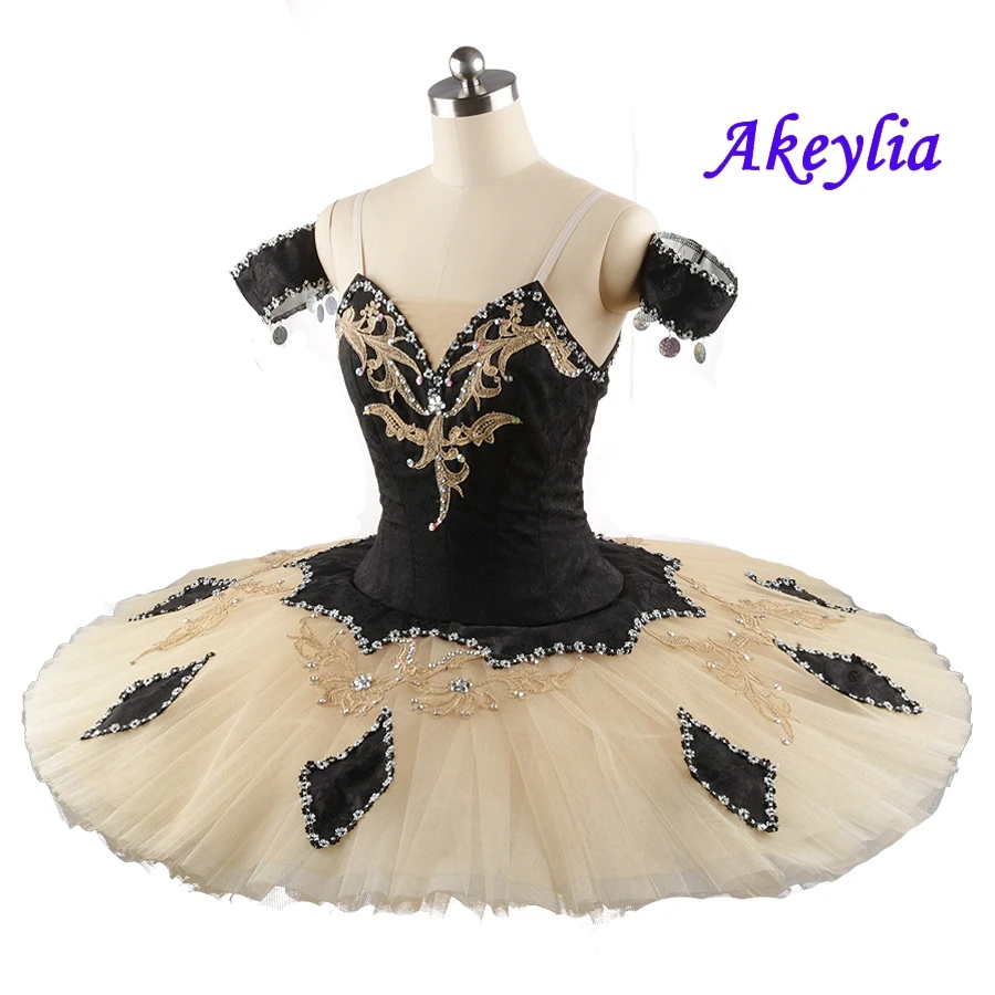 Костюм балета Гарлекинад для девочек и женщин: платье в стиле Харлекина в черно-бежевых тонах с классическим туту и куклой Колумбиной.