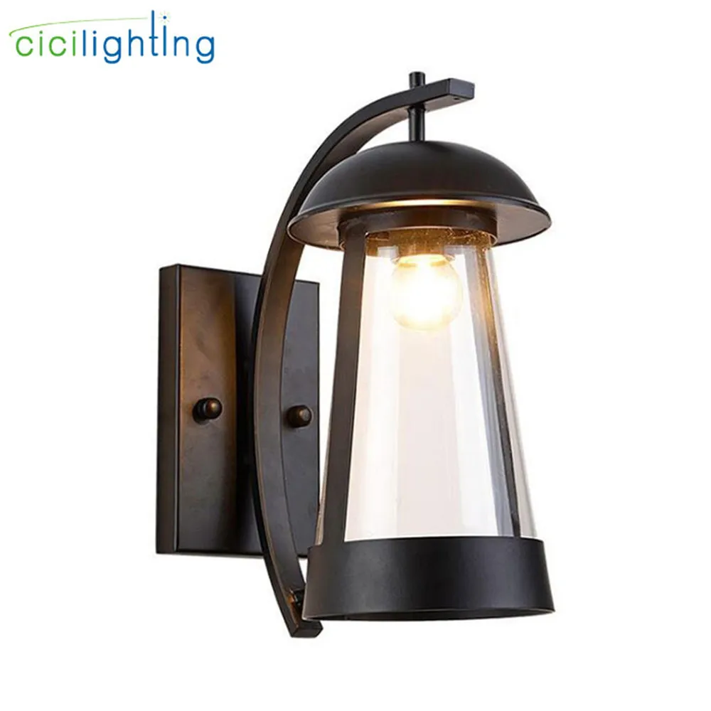 Modern Clear Glass Shade Outdoor Wall Lamp Villa Balcony Porch Corridor Wall Sconce Gateway Yard Street Garden Black Fence Light