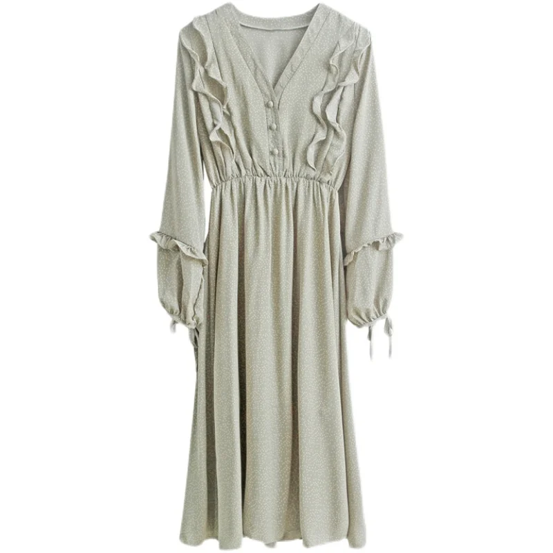 

2021 spring women's polka dot floral waist mid-length chiffon dress