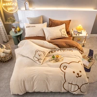 super soft warm cosy flannel velvet fleece cartoon bear embroidery child bedding set duvet cover flatfitted sheet pillowcases