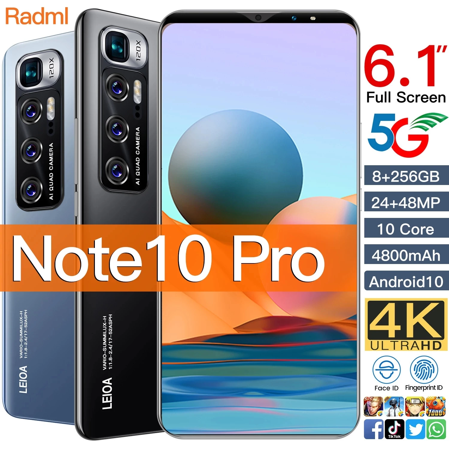 Smart Phone Note 10 Pro 8GB 256GB Smartphone Radml 6.1