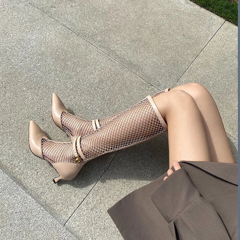 

Summer New High-tube Mesh Boots Female High-quality Leather Summer Cool Boots Hole Boots Breathable Hollow Elegant Women's Shoes