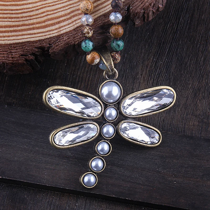 RH Fashion Bohemian Jewelry 6mm Semi Precious Stone Crystal Long Knotted Metal Dragonfly Pendant Necklaces Women Boho Necklace images - 6