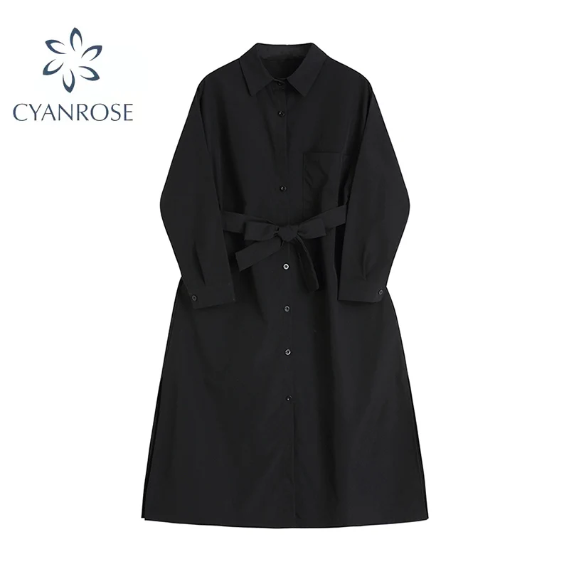 

Fashion Black Shirt Dress Women French Style Chic Long Sleeve 2021 Slim-Waist Bow Single Breasted Mid-Length Dress Female Autumn