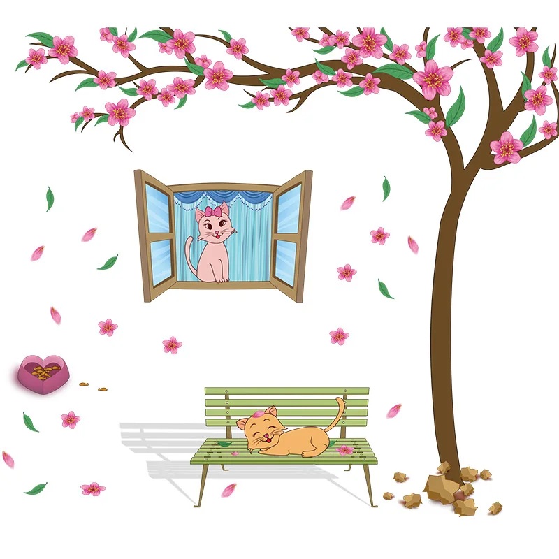 

Cartoon peach blossom love kitten cat wall sticker living room kindergarten children's room glass door sticker