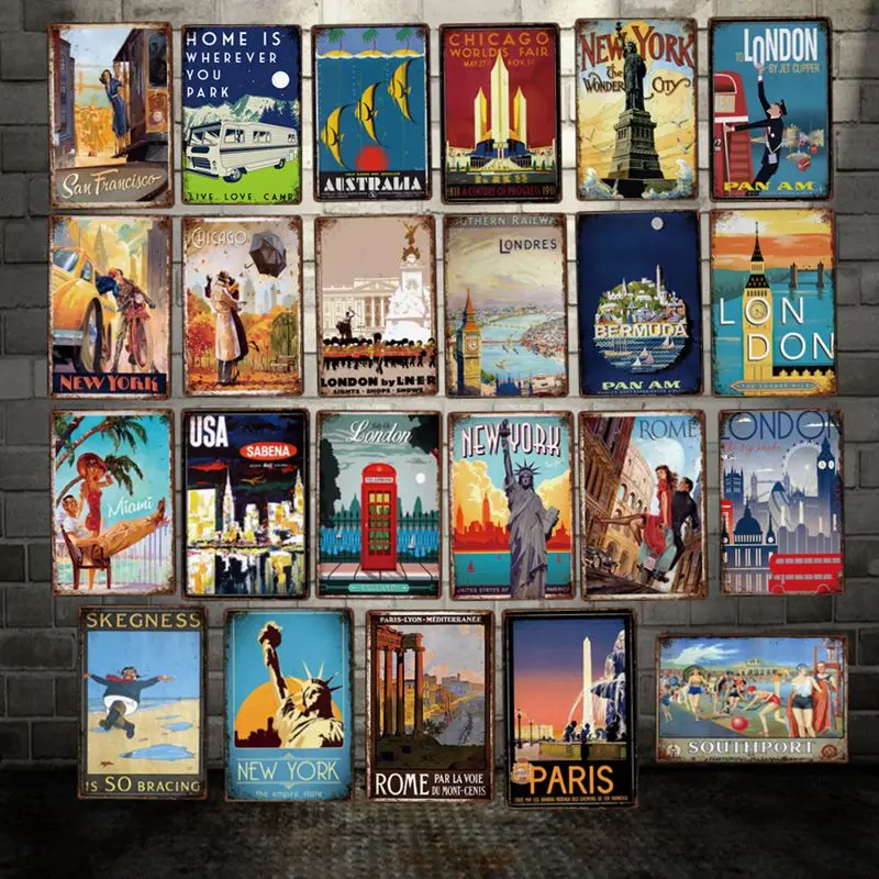 

[ DecorMan ] Custom Travel Tin sign Paris New York Paris Chicago London Rome Posters LT-2020