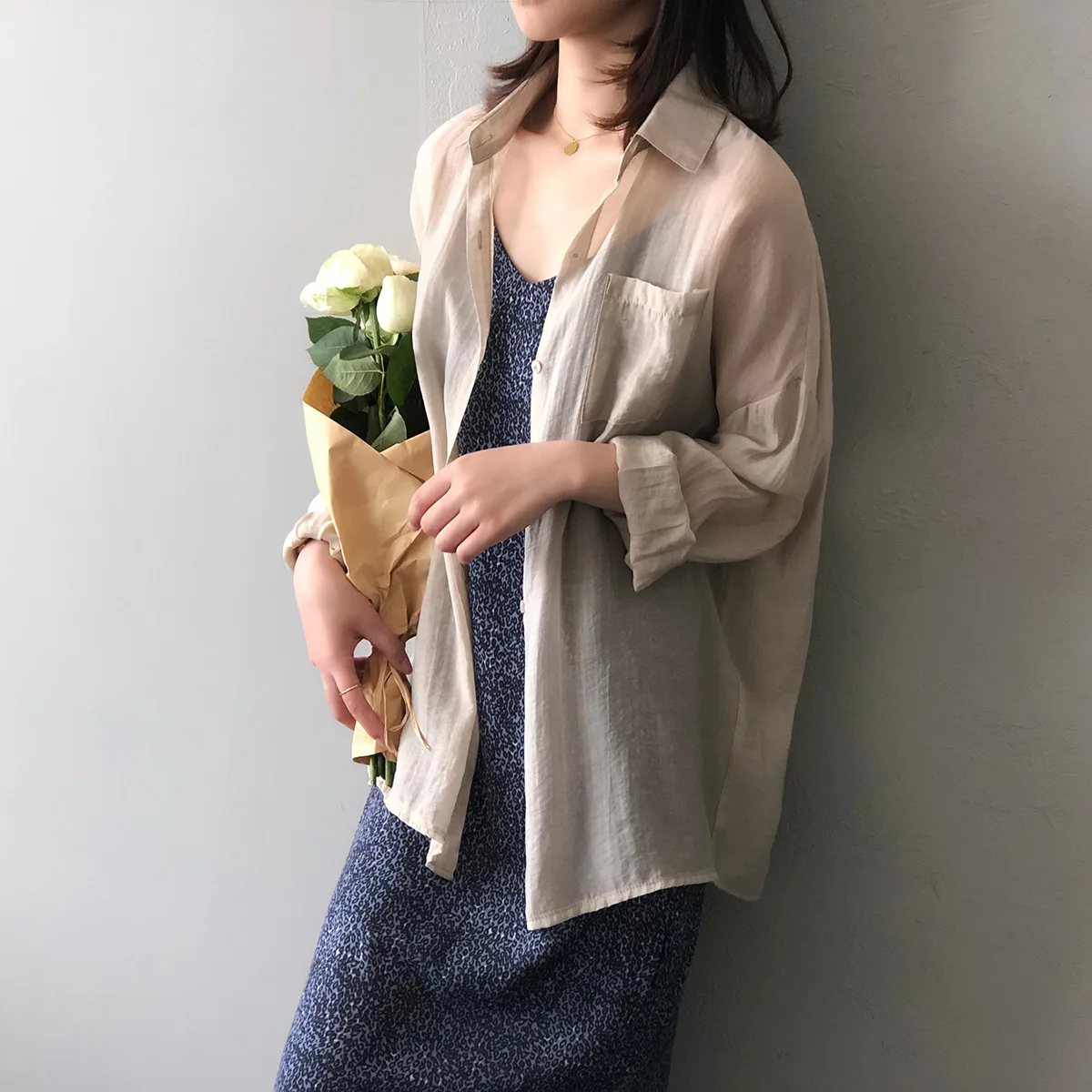 

New Summer 2021 Korean Version Tencel Cotton Sunscreen Blouse Thin Loose Solid Color Medium Length Blouse