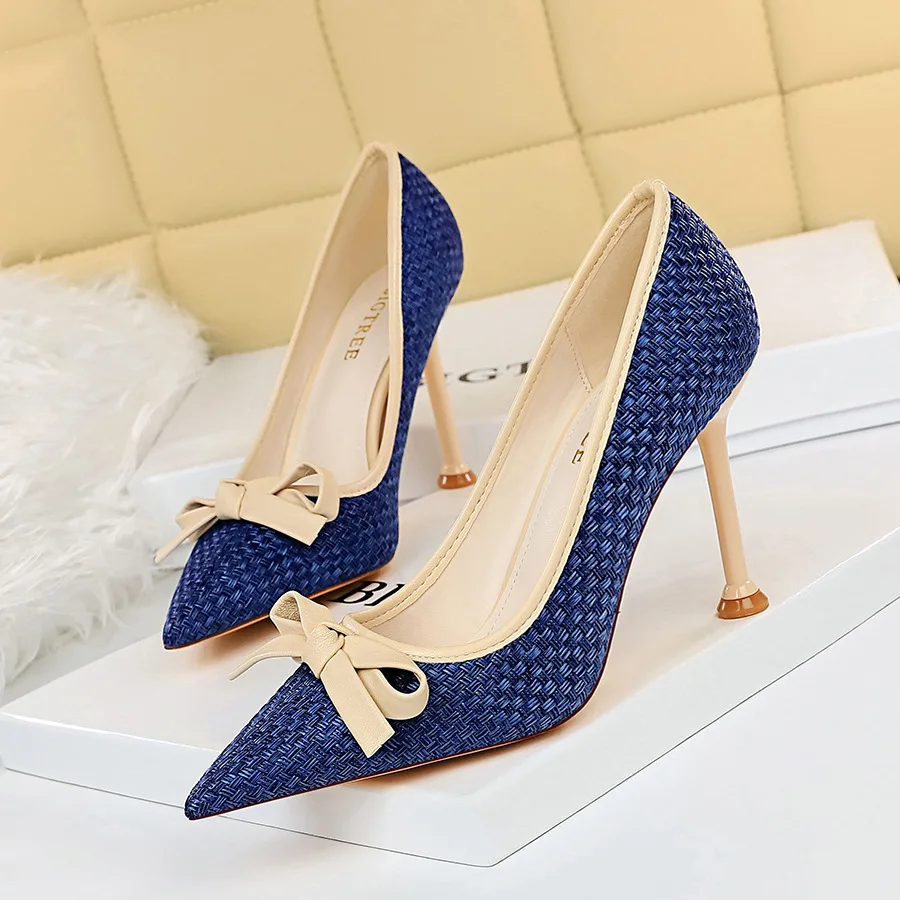 

BIGTREE Shoes Weave Woman Pumps Bowknot High Heels Women Shoes Stiletto Heels 9.5 Cm Fashion Women Heels Stiletto Ladies Shoes