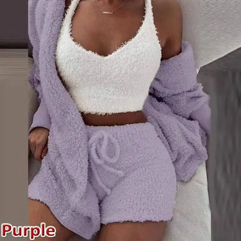 Long-sleeved plush fashion home service three-piece jacket vest shorts sports suit solid color casual wide-leg pants suit