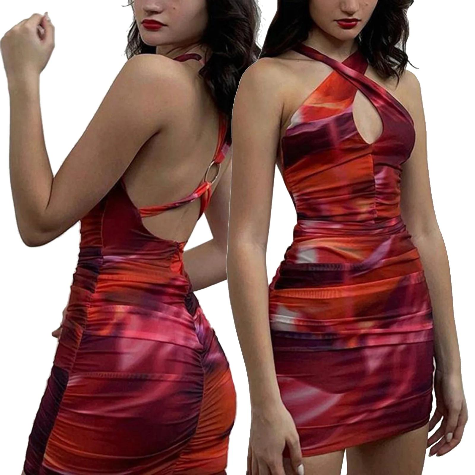 

Женское облегающее платье с лямкой на шее, пикантное мини-платье с перекрестным вырезом, сарафан без рукавов Y2K, уличная одежда с рюшами и ку...