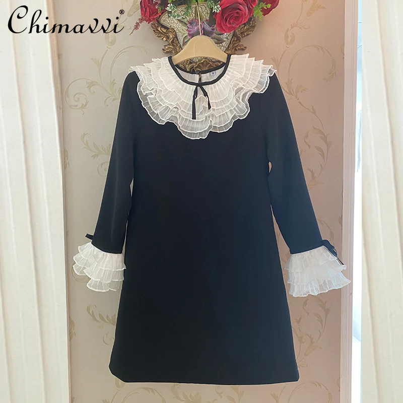 

2022 Spring Clothes New Fashion French Retro Ruffled Collar Black Dresses Temperament Long Sleeve A- Line Dress for Women
