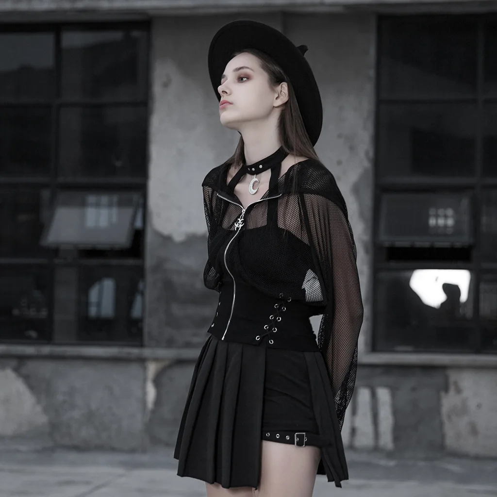 Женская короткая сетчатая куртка в стиле панк-рейва с поясом | одежда
