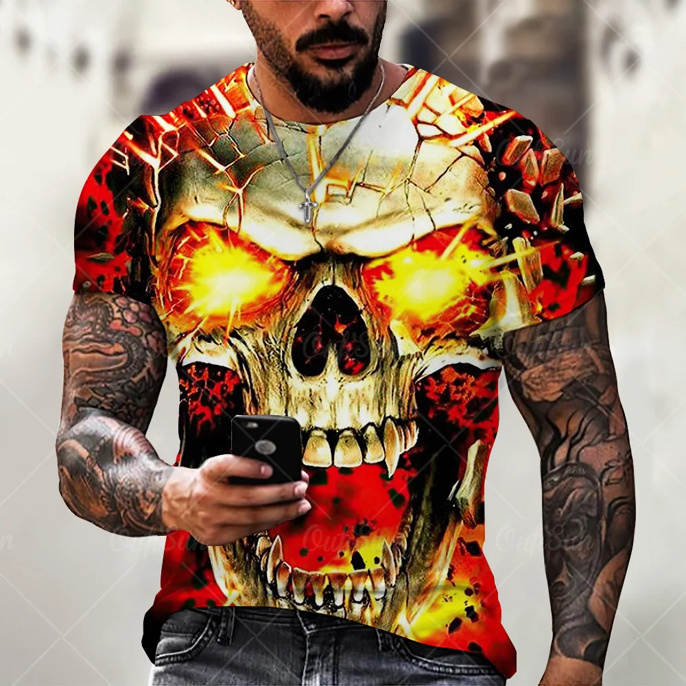 

Fashionable Summer 3D Printing Red Flame Skull Pattern Male/Female Tshirt Street Skeleton Trend Personality Loose Oversized Tees