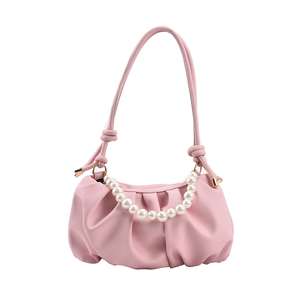

Vintage Women Summer PU Pleated Shoulder Bag Pearl Chain Purse Handbags