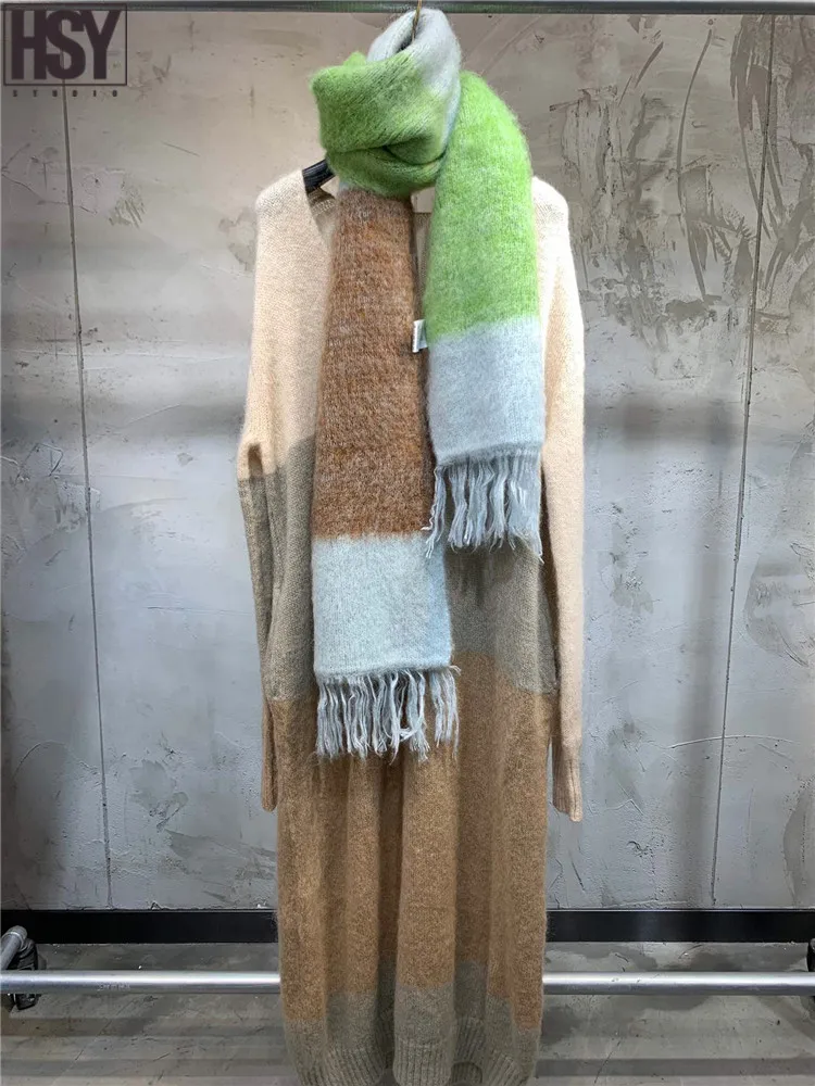 【HSY】2019 Осень Зима Новый женский длинный рукав v образный вырез контрастная