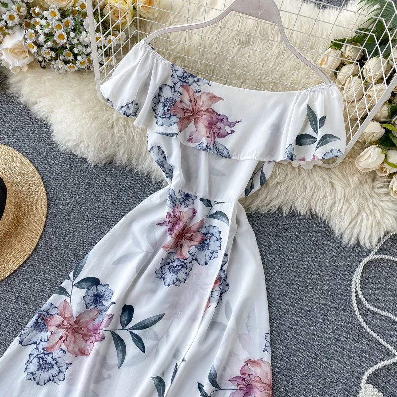 Boho оборками сексуальное платье с открытыми плечами 2021 Цветочный принт Летнее