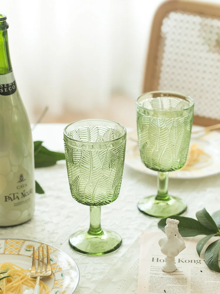 Copa de vidrio con hojas frescas en relieve, copa de vino tinto verde Vintage, copa de bebida, copa de vino-2