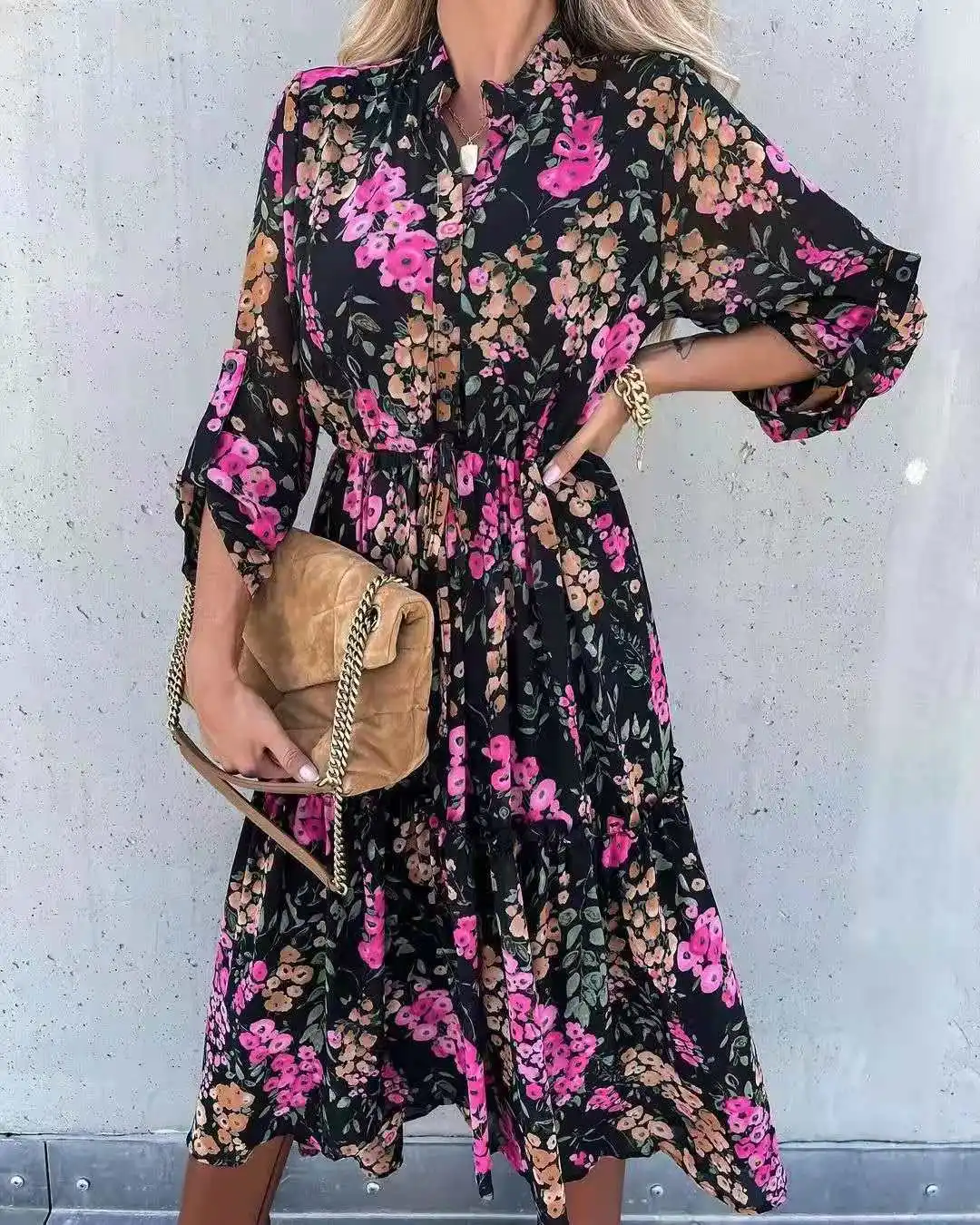 

Flower Dress Sexy Women Long Dress Button Long Sleeve Midi Dress
