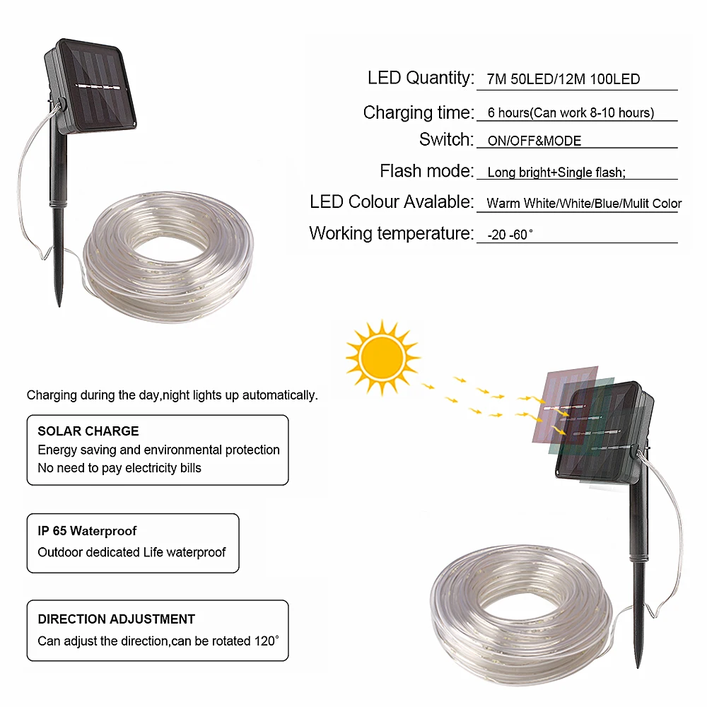 Rope Tube Solar Power LED Light String Holiday Christmas Garland LED Fairy Light Outdoor Waterproof Wedding Party Xmas Tree Lamp
