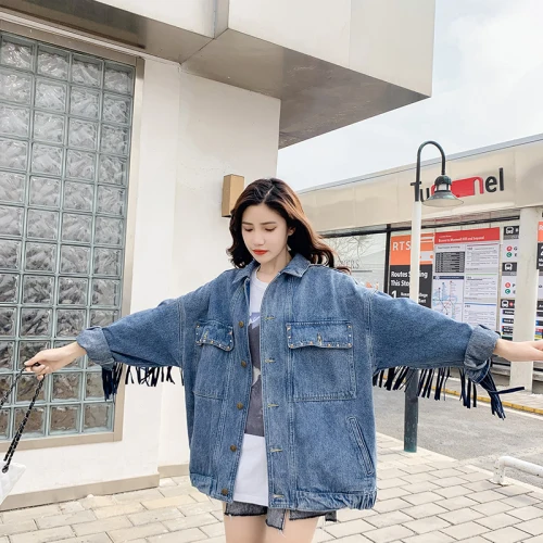 

2 Color New Autumn Outerwear Tassel Jacket Jean Female Loose Fashion Long Sleeve Coat Floral Embroidery Women Denim Jacket Top