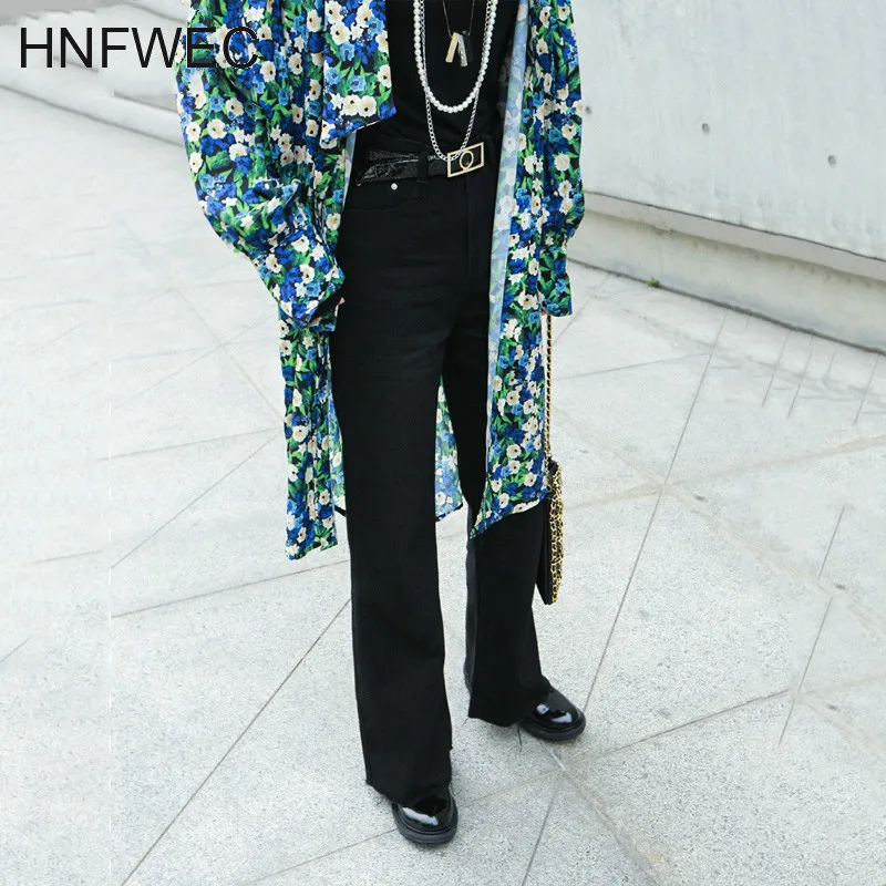 Женские широкие брюки с высокой талией черные свободные разрезом весна осень 2020